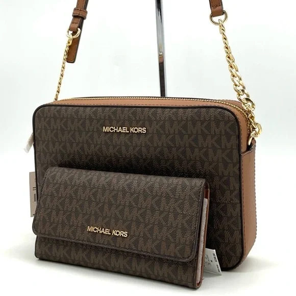 Michael Kors Large EW Crossbody Bag & Large Trifold Wallet Brown/ Gold - Picture 2 of 13